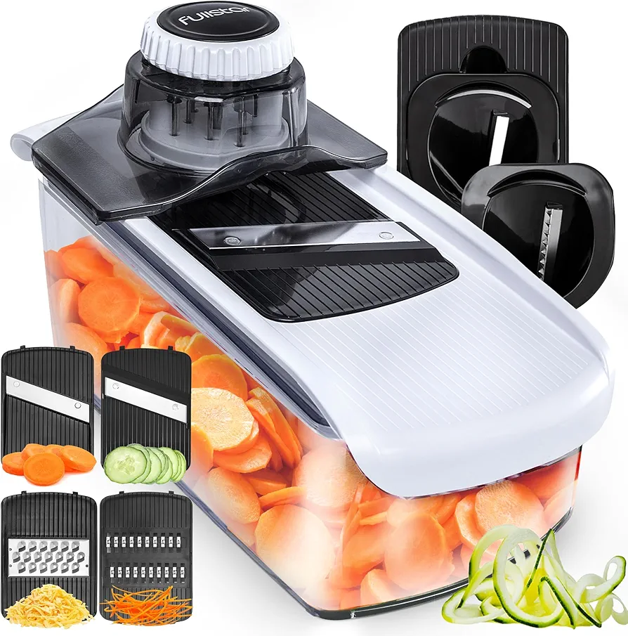 Fullstar Mandoline Slicer for Kitchen, Cucumber Slicer, Cheese Grater Vegetable Spiralizer and Veggie Slicer for Cooking, Kitchen Gadgets Organizer & Safety Glove Included (6 in 1, White)