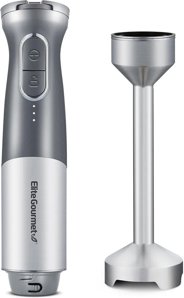 Elite Gourmet EHB1300 Cordless Rechargeable Hand Blender, Variable Speed Blending, One-Touch Power, Stainless Steel Blade, Portable Easy Control Stick Mixer, Sauce, Soup, Smoothie, Baby Food,Dark Grey