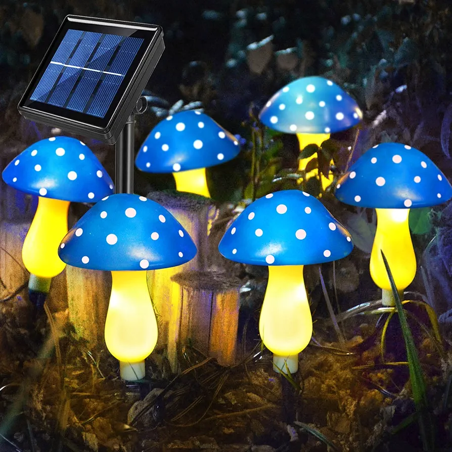 6-Pack Blue Solar Garden Lights, Solar Powered Mushroom Stake Lights for Outdoor Yard Decor, Waterproof Garden Ornaments for Backyard Lawn Deck Landscape Fence Christmas Halloween Decorations