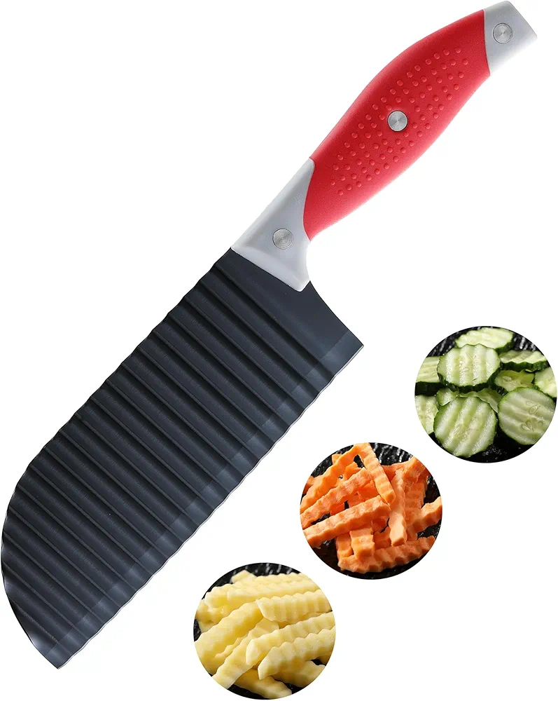 Crinkle Cut Knife, HIA Crinkle Cutter for Veggies, French Fry, Potato, Cucumber, Carrot and Fruit, Stainless Steel Wave Fries Cutter Slicer With Stylish Rubber Handle, Dishwasher Safe