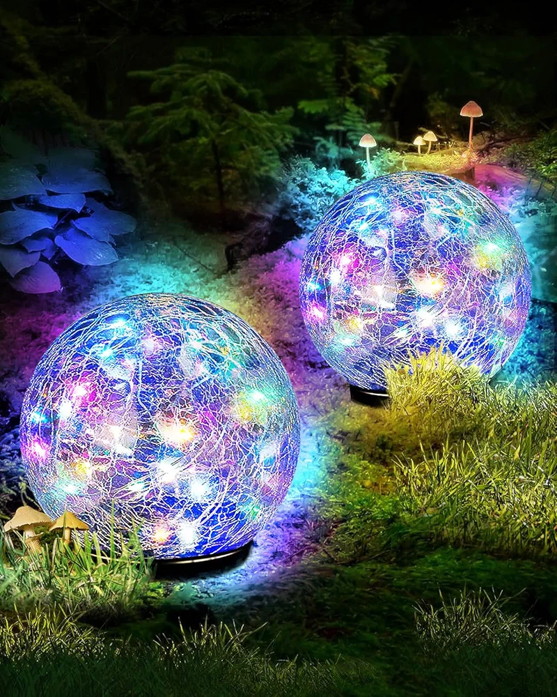 Garden Solar Ball Lights Outdoor Waterproof, 50 LED Cracked Glass Globe Solar Power Ground Lights for Path Yard Patio Lawn, Outdoor Decoration Landscape Colorful(2 Pack 4.7'')