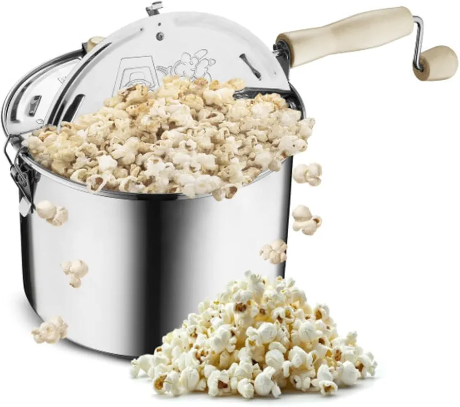 Stovetop Popcorn Maker - 6.5-Quart Stainless-Steel Popcorn Popper with a Hand Crank, Vented Lid, and Stir Paddle by Great Northern Popcorn (Silver)