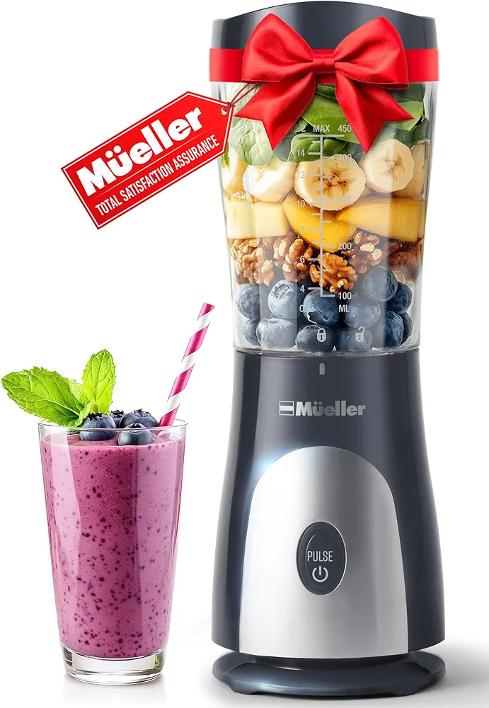 Mueller Heavy-Duty Smootie Blender, Personal Blender for Shakes and Smoothies with a 15 Oz Travel Cup and Lid, Juices, Baby Food, Portable Blender & Food Processor, Light Grey