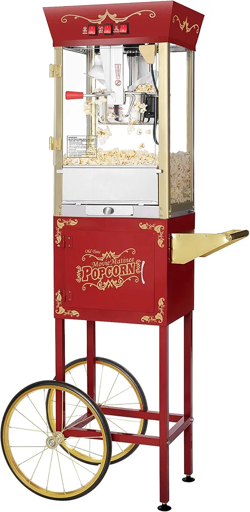 Matinee Popcorn Machine with Cart - 8oz Popper with Stainless-Steel Kettle, Warming Light, and Accessories by Great Northern Popcorn (Red)