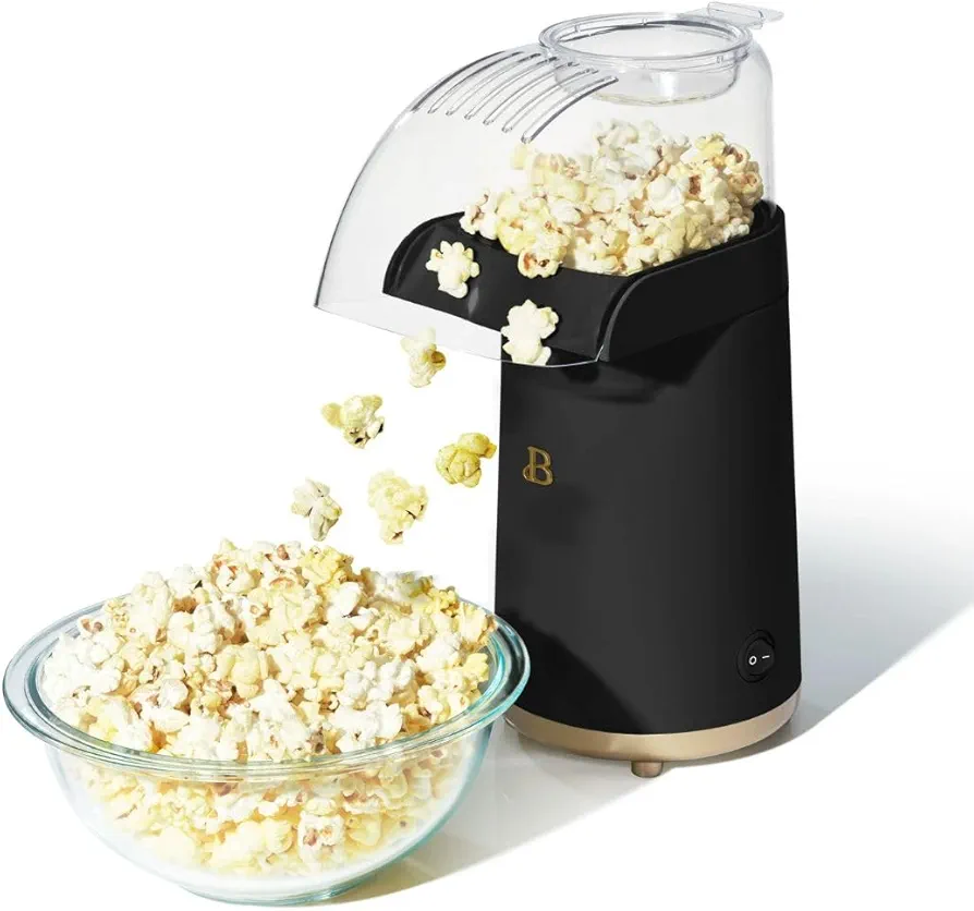 Beautiful Hot Air Popcorn Maker by Drew Barrymore - 16 Cups, Oil-Free, Cyclonic Air Flow, Easy One-Touch, Butter Melting Tray, Dishwasher Safe, Modern Kitchen Appliance (Black Sesame)