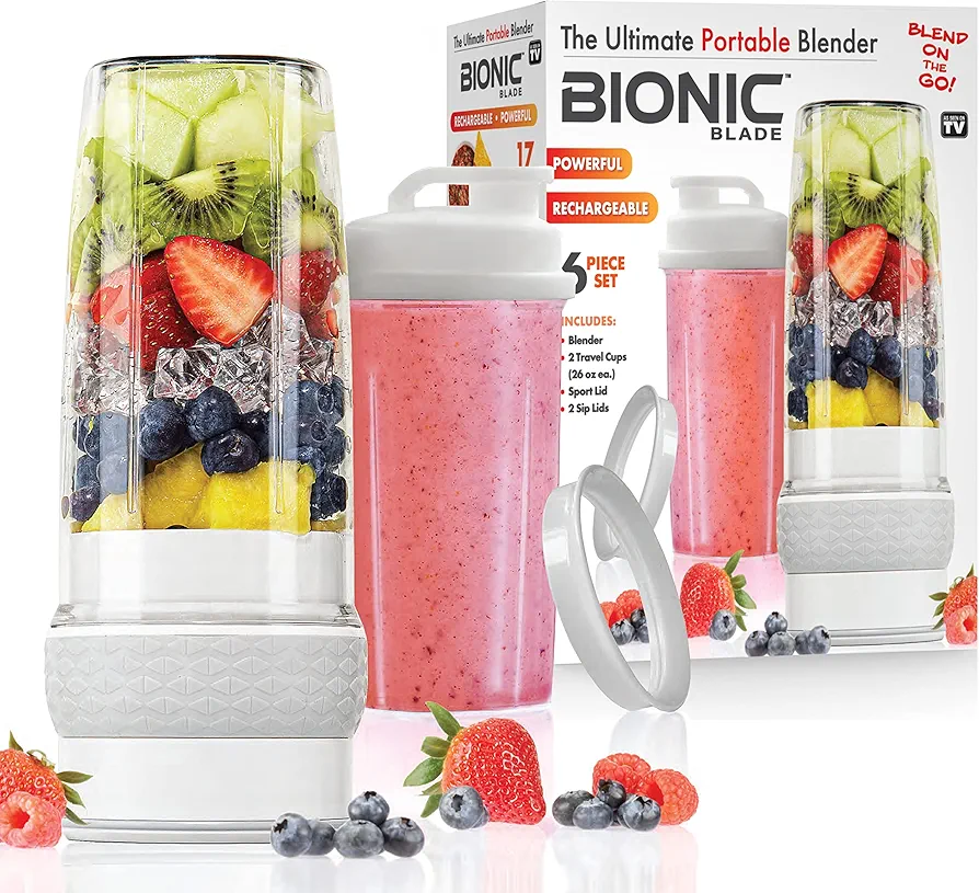 Bionic Blade Personal Blender 26.5 Oz, Cordless, Rechargeable 18,000 RPM Portable Blender for Shakes and Smoothies Mini Blender Portable 8.6" Tall, air-tight shaker with handle, Seen On T