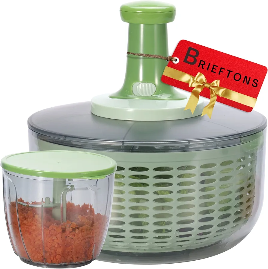 Brieftons Salad Spinner and Chopper: Large 6.3-Quart Lettuce Greens Vegetable Washer Dryer, with Bonus 0.95-Quart Veggie Chopper Mixer, Compact Storage, Easy Push Operation for Quick Veggie Prepping