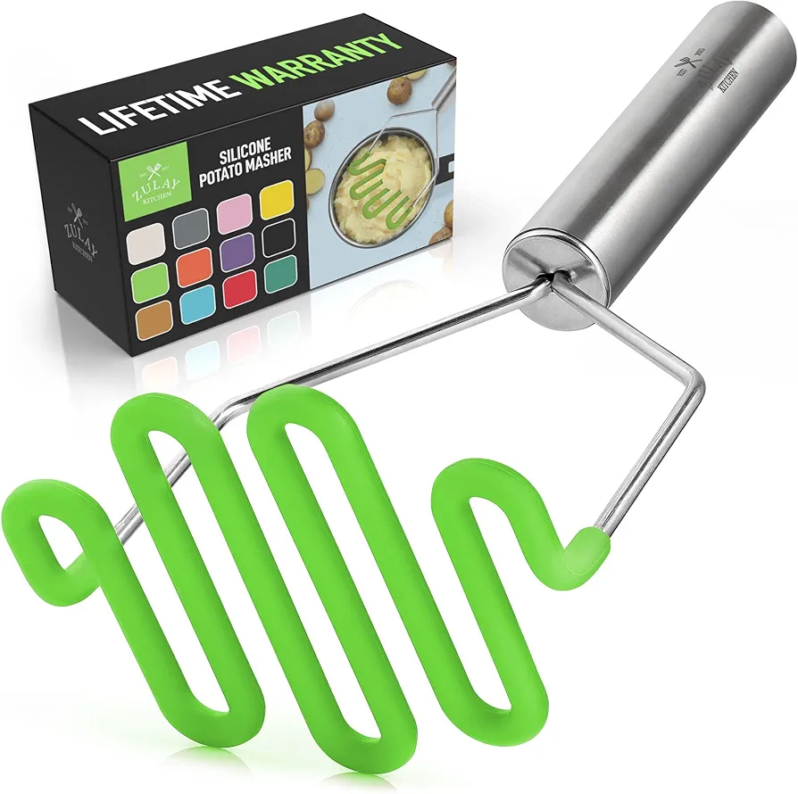 Zulay Kitchen Non-Scratch Potato Masher Kitchen Tool - Durable Stainless Steel Wrapped In Premium Silicone Mashed Potatoes Masher - Versatile Masher Hand Tool & Potato Smasher (Light Green)