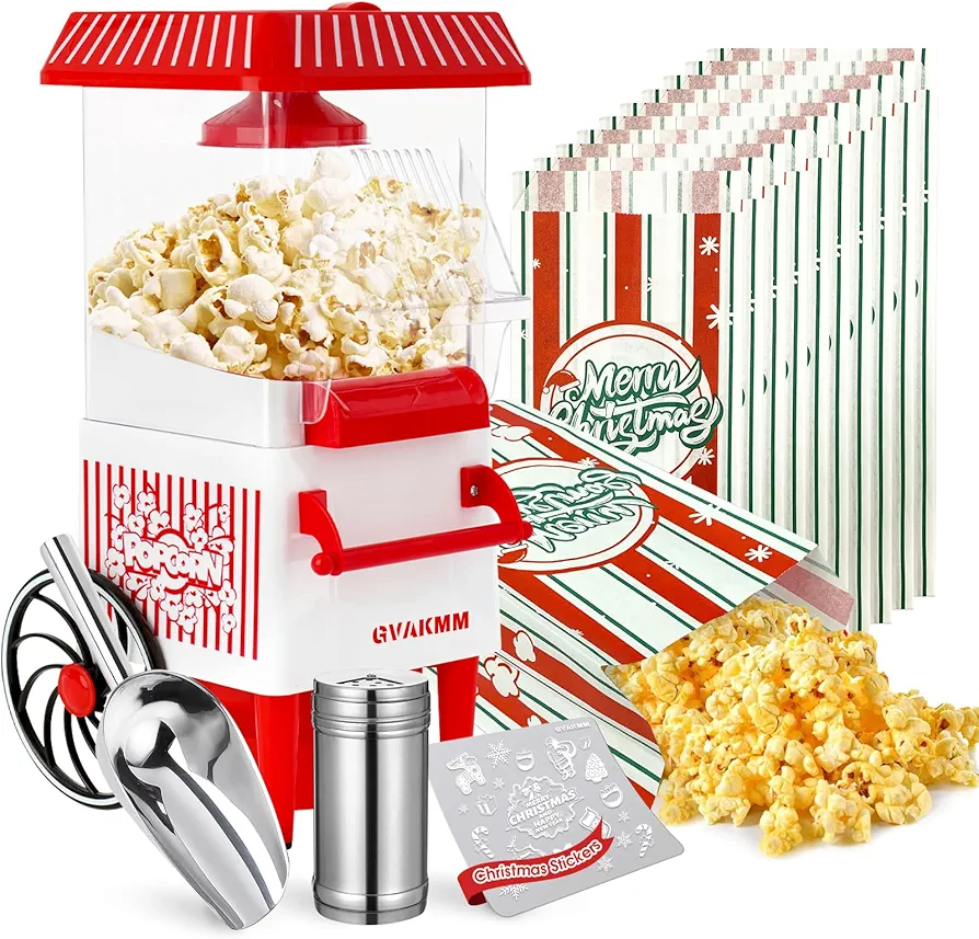 Popcorn Machine, Christmas Hot Air Popcorn Maker Kit Gift Box, Portable Home Popcorn Popper Machine, 10-Cup,Oil-Free,Retro Style,Compact and Cute