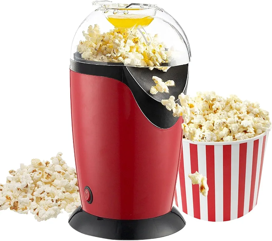 Hot Air Popcorn Popper Maker - Stainless Steel Automatic Popcorn Machine | Quick Oil Hot Air Popping | Electric Popcorn Maker | Oil Popcorn Tool | Simple Fast Ideal For Apartments