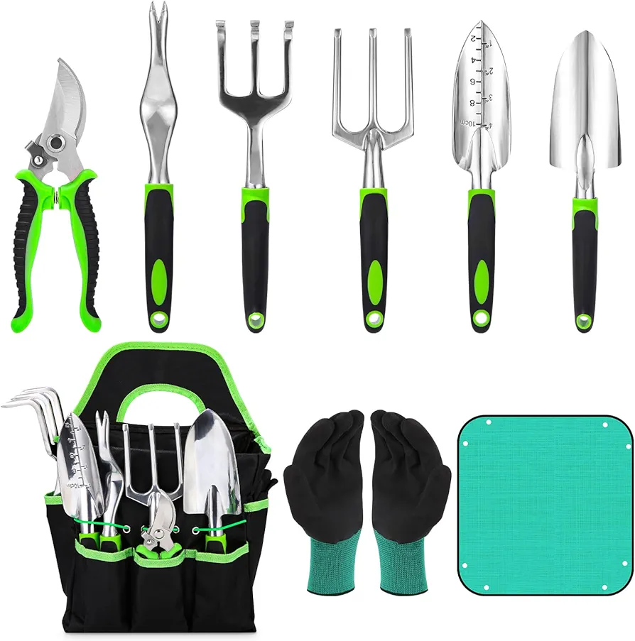 Outils de Jardinage, 9 Pièces Ensemble d'outils de Jardin avec Sac de Rangement, Râteaux,Transplanter, Gants de, Tapis Végétal, Cadeaux de kit Jardinage pour Homme et Femme