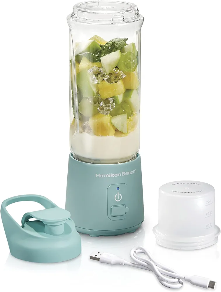 Hamilton Beach Mini Cordless Portable Personal Blender for Shakes and Smoothies, USB Rechargeable, 16 oz. Jar with Leakproof Travel Lid, 6 Stainless Steel Blades, Blue (51182)