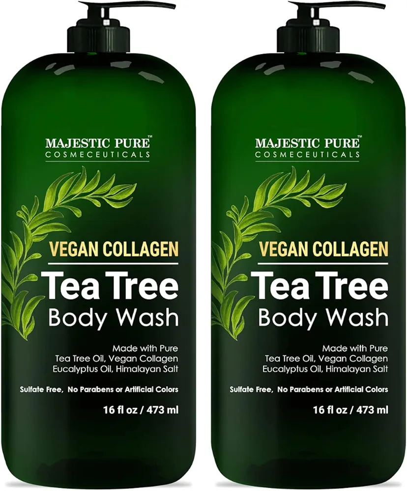 Majestic Pure Tea Tree Body Wash with Collagen - Helps Nail Fungus, Athletes Foot, Ringworms, Jock Itch, Acne, Eczema & Body Odor - Soothes Itching - (Packaging May Vary), Set of 2, 16 fl oz