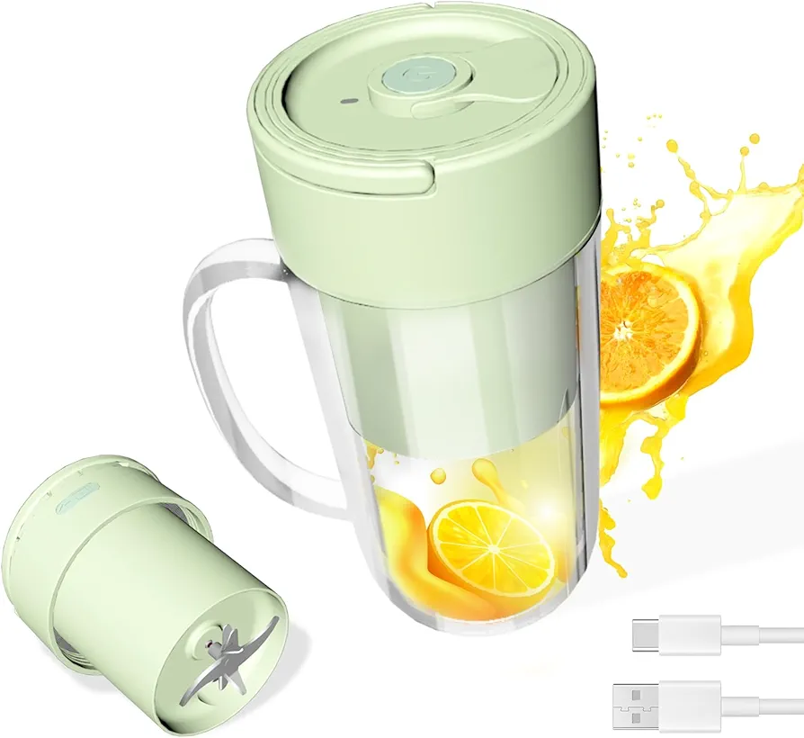 Portable Blender For Shakes and Smoothies, USB Rechargeable, 6 Blades Personal Juicer with Handle,12 oz Easy-to-Clean mini Blender with Charger, Great for Kitchen, Home, Party, Travel, Outdoor, Green