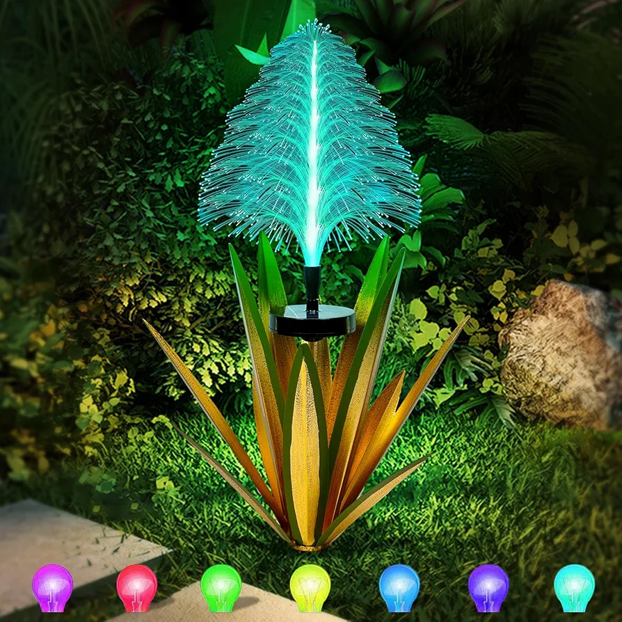 Metal Outdoor Decoration Gift Metal Agave Plants Outdoor Decor, Metal Agave Yard Art Garden Lights Solar Outdoor, 7 Color Changing Garden Yard Pathway Xmas Decor Waterproof (1 pcs Light Green)