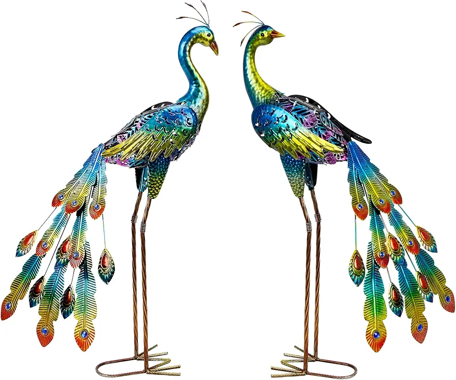 Glintoper 2 Pack Solar Peacock Garden Decor, Metal Peacocks Figurine Lights, LED Solar Powered Decorative Yard Statue Art Waterproof for Landscape Patio Yard Walkway Pathway Lawn