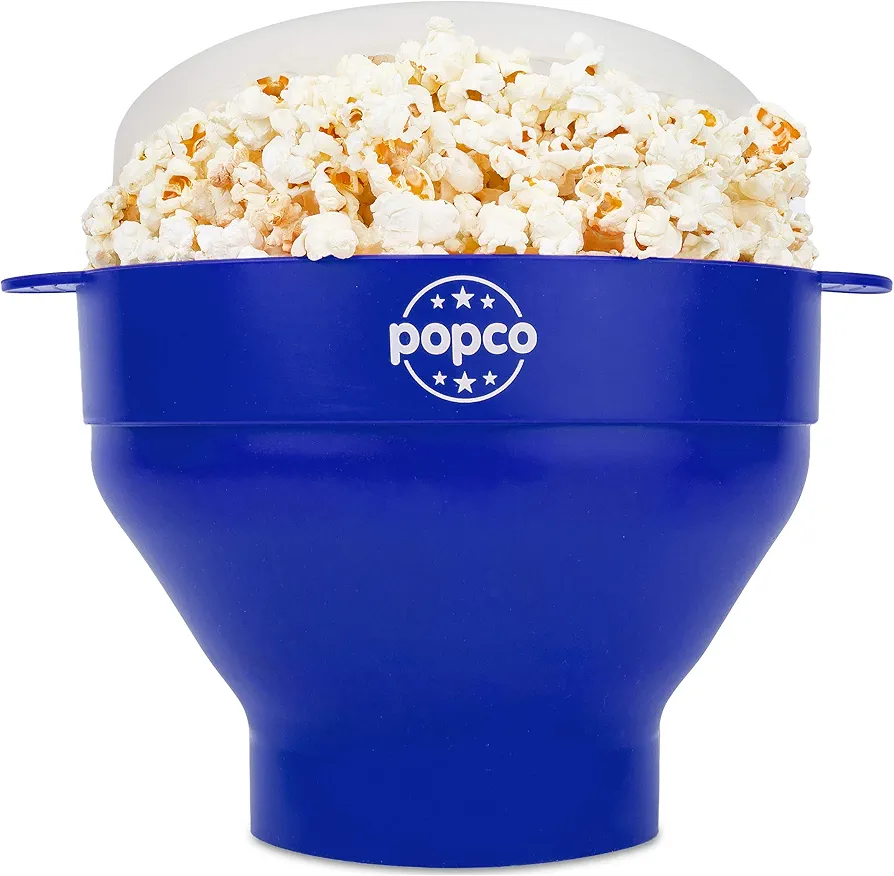 POPCO Silicone Microwave Popcorn Popper with Handles - Popcorn Maker - Popcorn Microwave Popper - Collapsible Popcorn Bowl - Dishwasher Safe - 15 Colors Available (Blue)