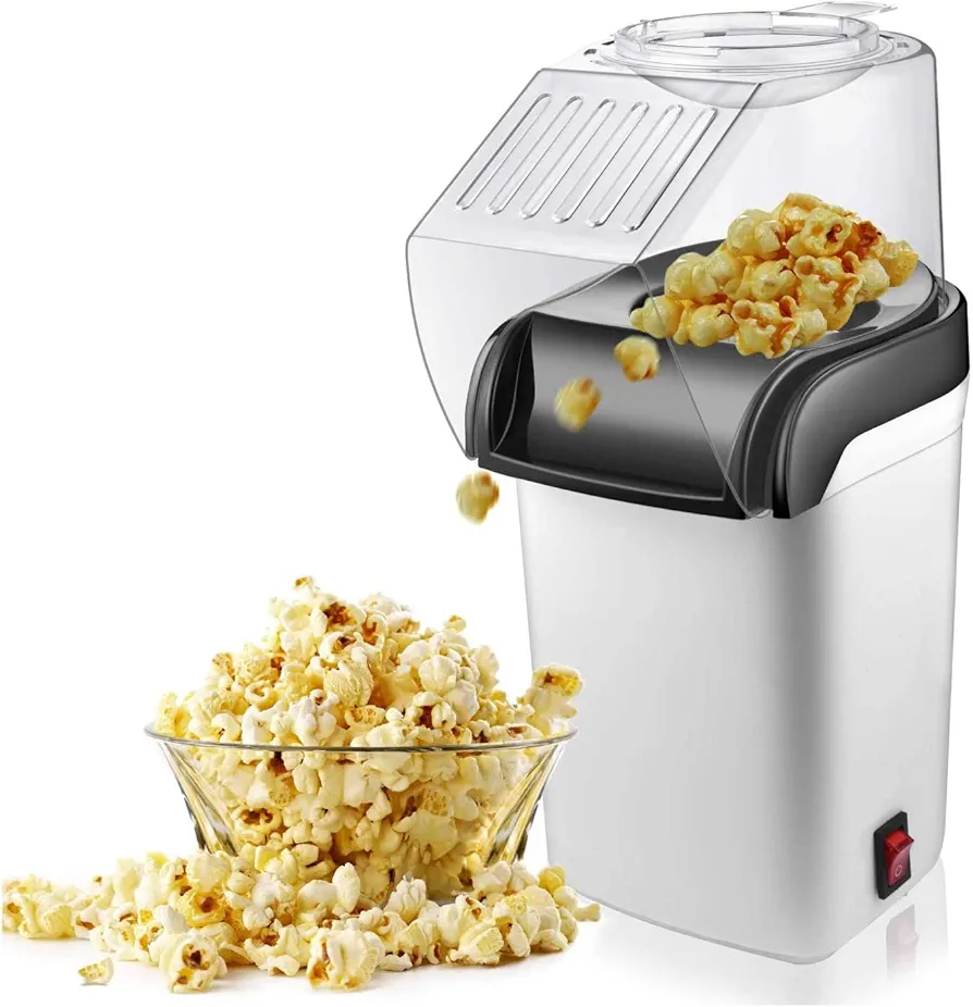 Air Popcorn Popper Maker, Electric Hot Air Popcorn Machine-1200W, Oil-Free US Plug, white & black