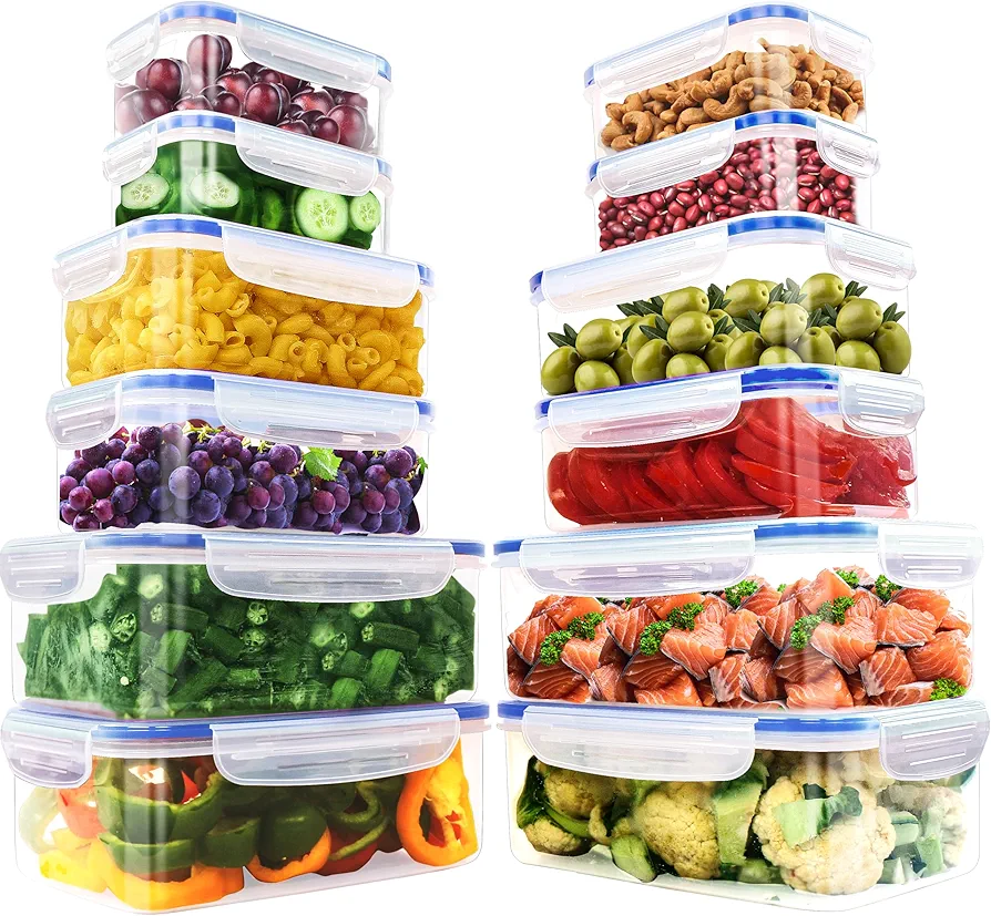 Utopia Kitchen Plastic Food Storage Container Set with Airtight Lids - Pack of 24 (12 Containers & 12 Snap Lids)- Reusable & Leftover Food Lunch Boxes - Leak Proof, Freezer & Microwave Safe