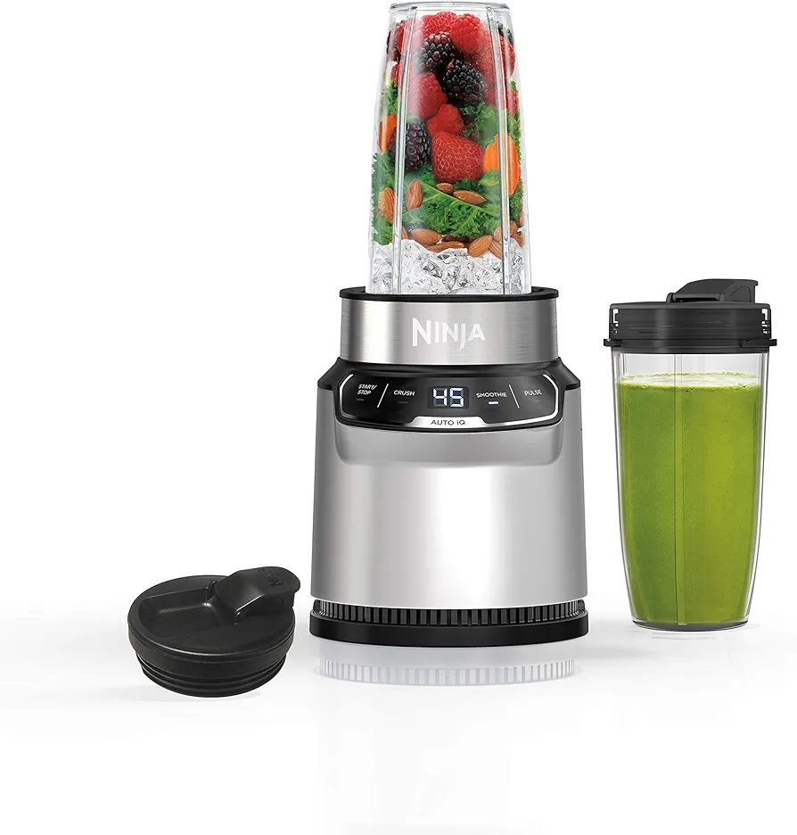 Ninja Blender, Nutri Pro, Personal Blender, For-Smoothies, Salsa, Shakes, and Frozen Drinks, Includes 2 Smoothie Cups, + Lids, Crushes Ice, Fruit, and Veggies, Single Serve Blender, Silver, BN401