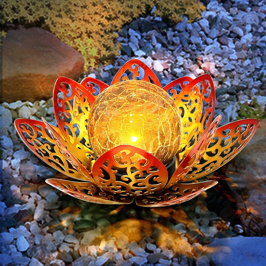 Solar Lights Outdoor Garden 6.3 " Glass Lotus Lamp Waterproof LED Metal Flower Lights Outdoor Garden Table Decor for Outside Balcony, Patio, Deck, Porch, Walkway