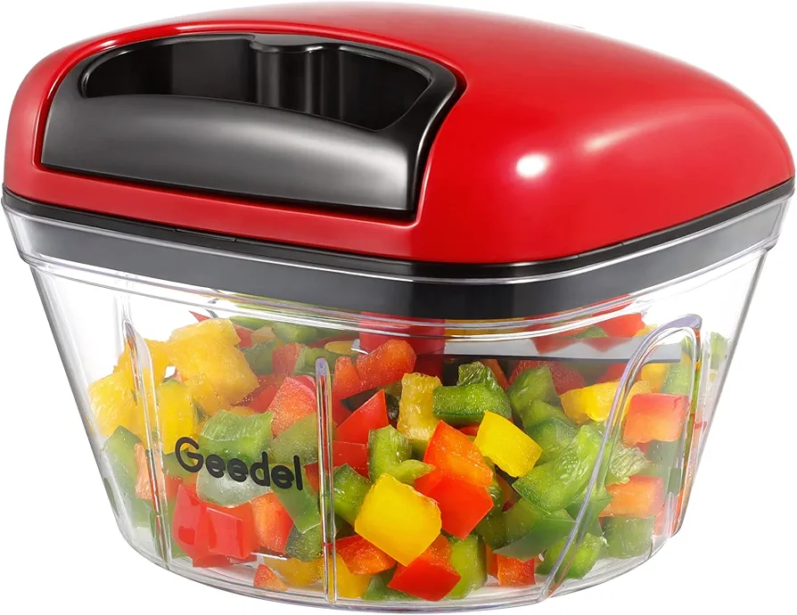 Manual Food Processor Vegetable Chopper, Geedel Pull Chopper with String, Food Chopper Vegetable Cutter for Veggies, Fruits, Salad, Onion, Nuts, Herbs, etc, 2 Cup(500ml), Red