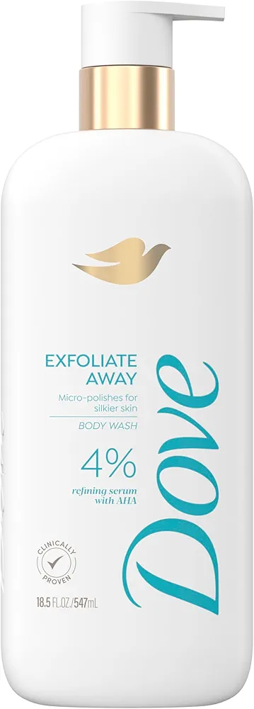 Dove Body Wash Exfoliate Away Micro-polishes for silkier skin 4% refining serum with AHA 18.5 oz