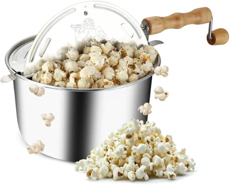 Stovetop Popcorn Maker - 6-Quart Aluminum Popcorn Popper with Hand Crank, Vented Lid, and Stir Paddle by Great Northern Popcorn (Silver)