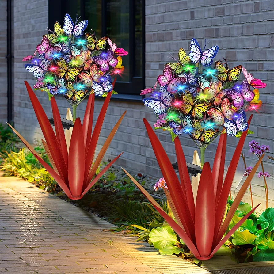 Homight Solar Metal Agave Butterfly Flower Stick Garden Sculpture Outdoor Gift Solar Garden Christmas Lights Swaying Butterfly Garden Lights Solar Outdoor (2 PCS RED)