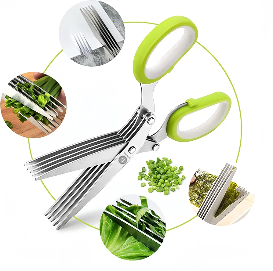 5 Blade Herb Scissors Cover and Cleaner Multipurpose Stainless Steel Kitchen Herb Shears kitchen scissors for food salad scissors Vegetable Scissors for Chopped Salad