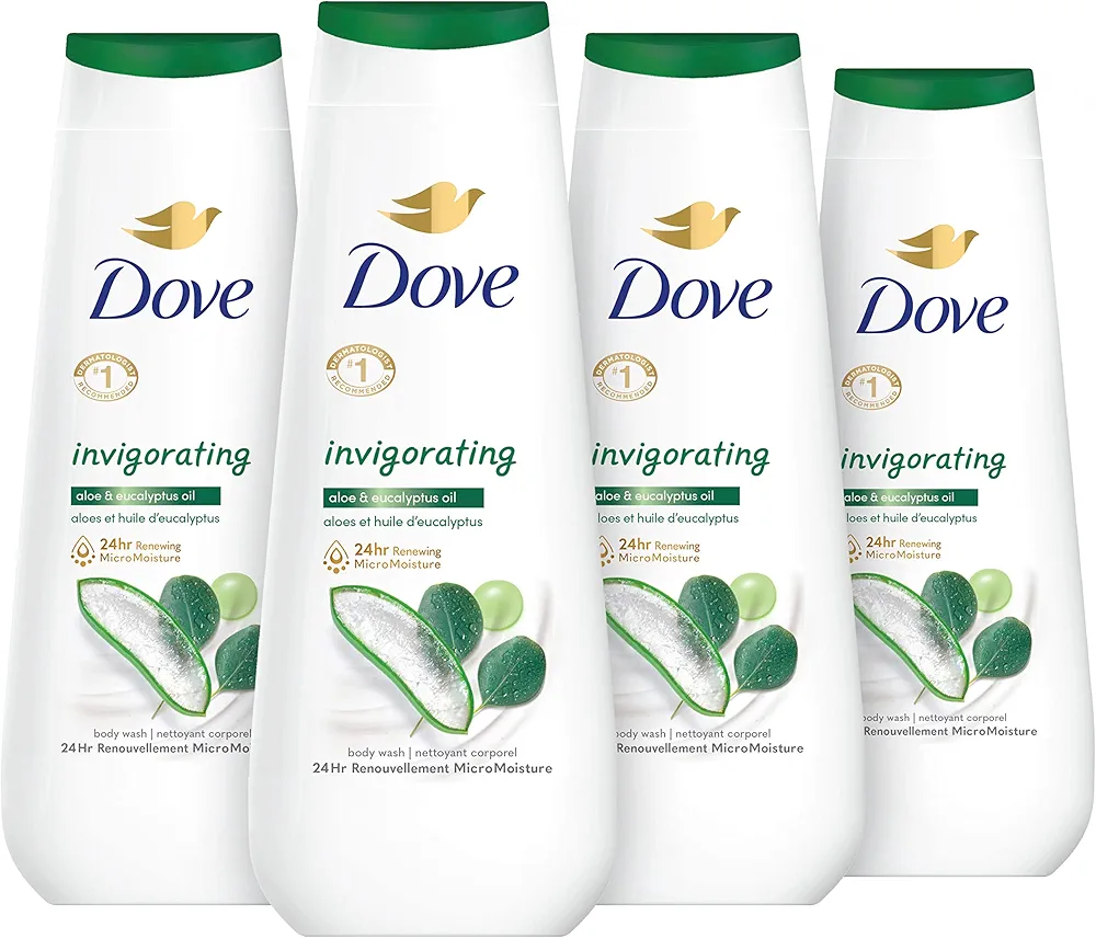 Dove Body Wash Invigorating With Aloe & Eucalyptus 4 Count For Dry Skin Refreshes and Invigorates Skin 20 oz