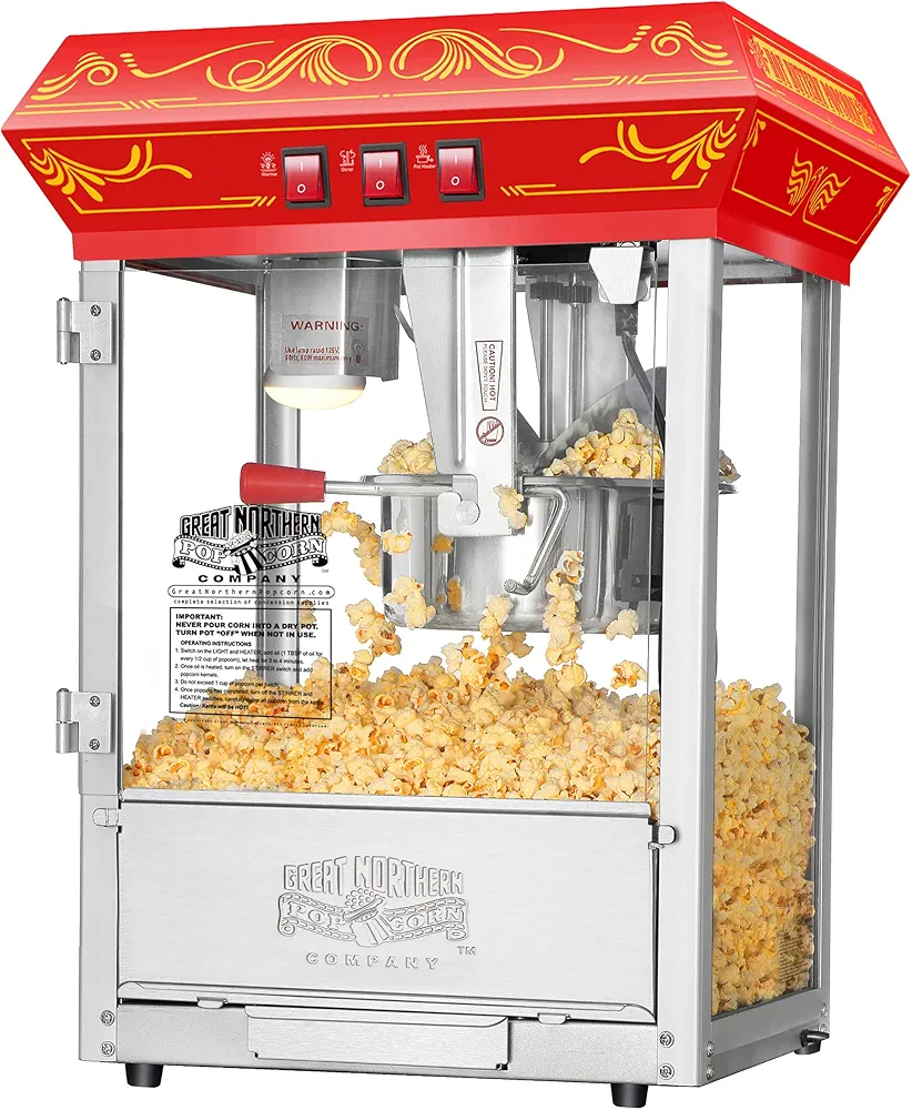 Good Time Popcorn Machine - 3-Gallon Popper with Steel Kettle, Old Maids Drawer, Warming Tray, and Scoop for Home by Great Northern Popcorn (Red)