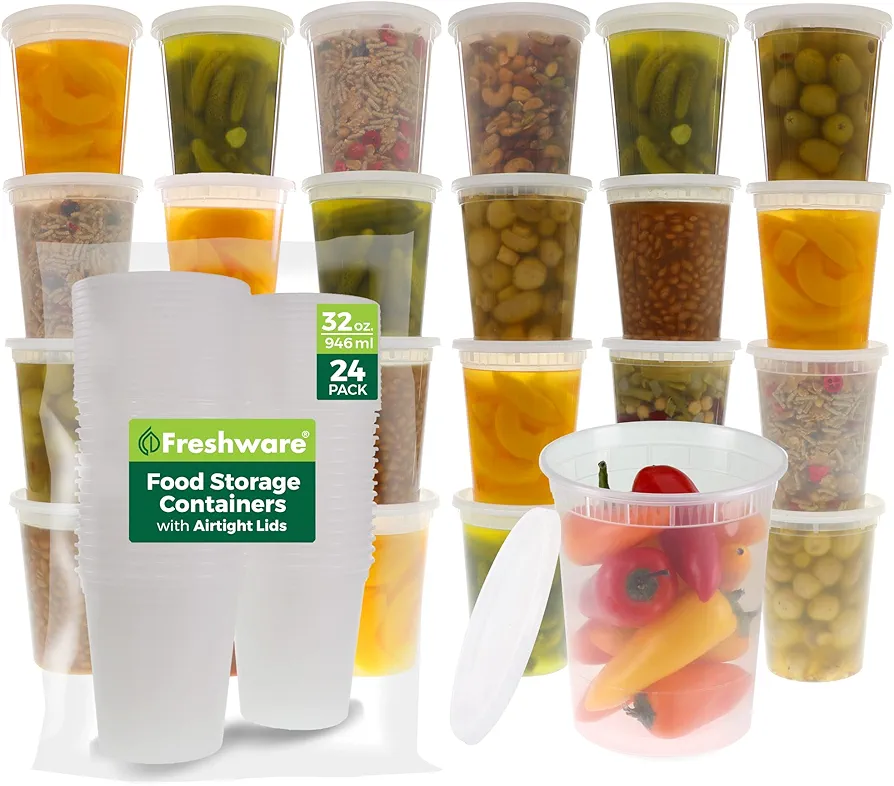 Freshware Food Storage Containers [24 Set] 32 oz Plastic Deli Containers with Lids, Slime, Soup, Meal Prep Containers | BPA Free | Stackable | Leakproof | Microwave/Dishwasher/Freezer Safe