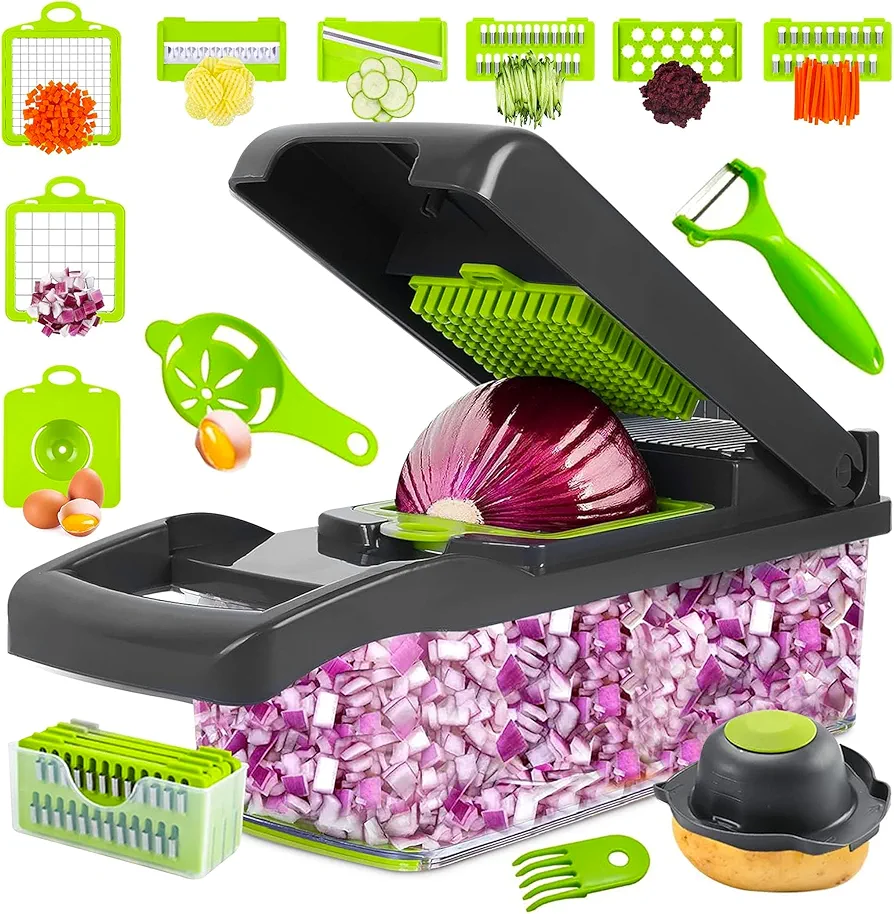 16-in-1 Vegetable Chopper with 8 Blades, Veggie Slicer & Dicer, Food Chopper with Container & Lid, Onion Chopper, Salad Chopper, Multi-Purpose Kitchen Tool for Easy Meal Prep