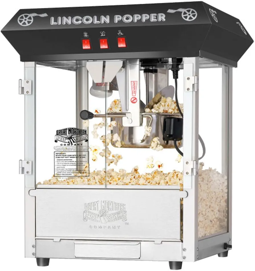 Lincoln Popcorn Machine - 8oz Popper with Stainless-Steel Kettle, Reject Kernel Tray, Warming Light and Accessories by Great Northern Popcorn (Black)