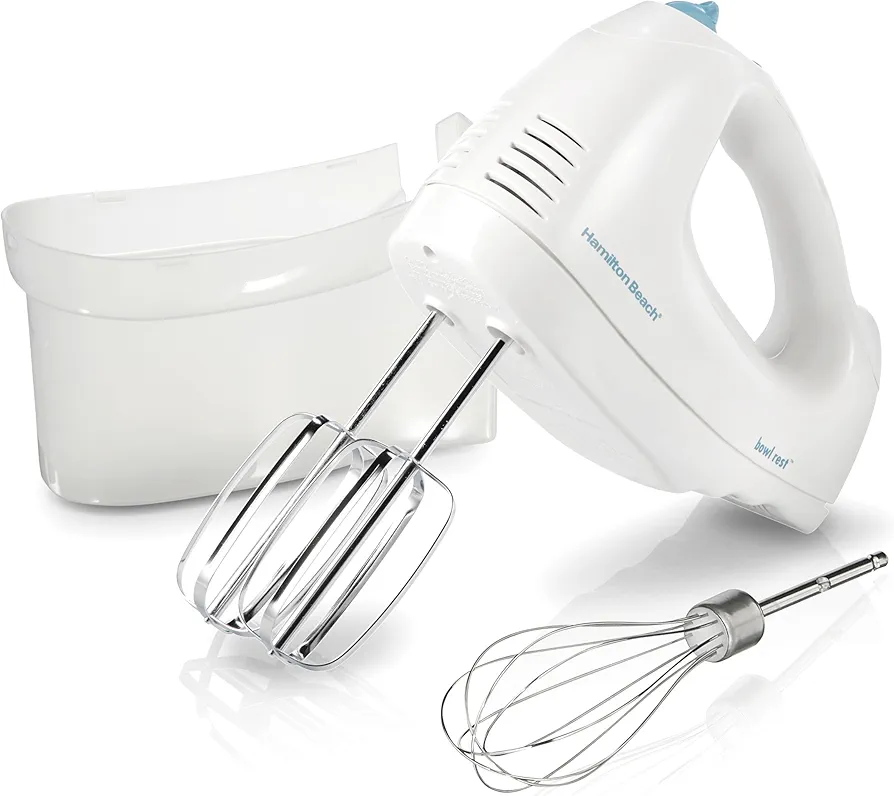 Hamilton Beach 6-Speed Electric Hand Mixer with Whisk, Traditional Beaters, Snap-On Storage Case, 250 Watts, White