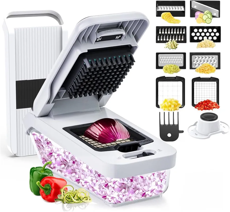 BASSWOOD Vegetable Chopper with Container, Cheese Grater Hand Crank, Box Mandoline Slicer Food Cutter Shredder Mandolin for Veggie Onion Salad