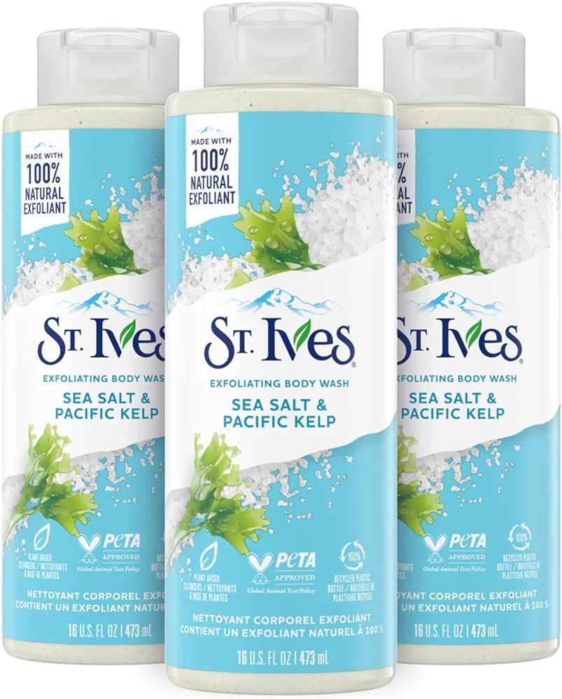 St. Ives Exfoliating Body Wash - Sea Salt & Pacific Kelp Scrub, Natural Body Wash, Body Soap, or Hand Soap with Plant-Based Exfoliants for Glowing Skin, 16 Oz Ea (Pack of 3)