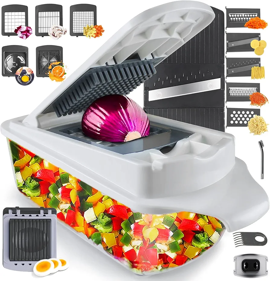 Vegetable Chopper Slicer Onion Dicer, Multi 22-in-1 Veggie Mandoline Food Cutter for Tomato Fruit with Lemon Squeezer, E-Recipe, 11 Blades, Egg Separator & Slicer, Container