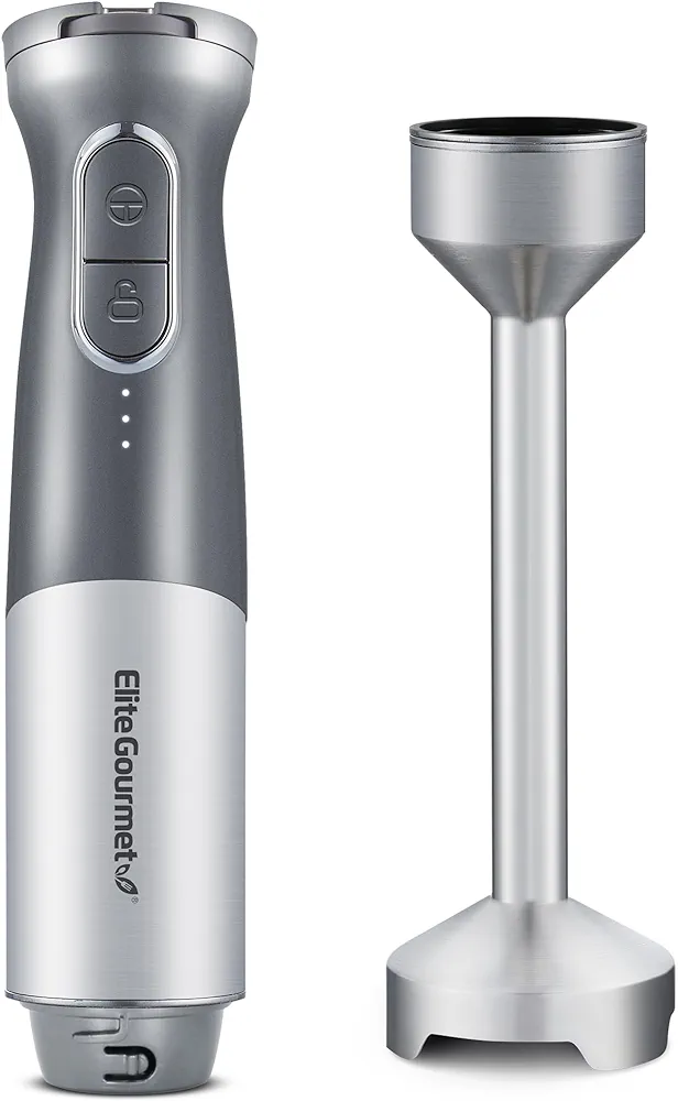 Elite Gourmet EHB1324 Cordless, Rechargeable Hand Blender, Variable 5-Speed Blending, One-Touch Power Button & Safety Lock, Stainless Steel Blades, Portable, Sauces, Soup, Smoothies, Baby Food, Gray