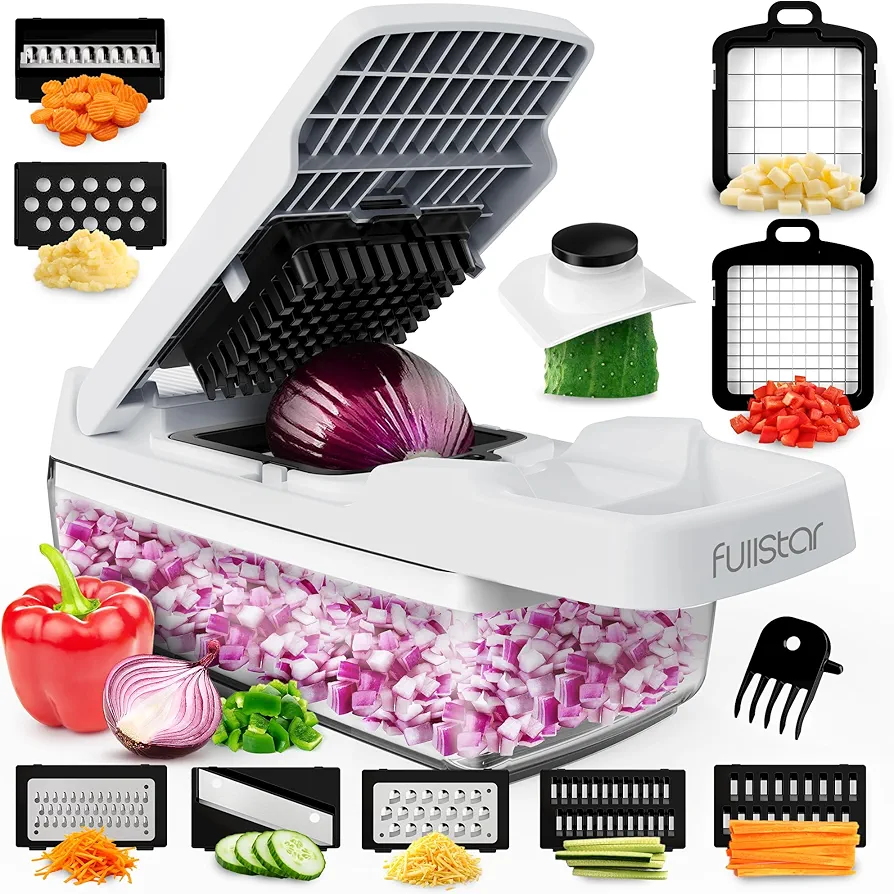 Fullstar Chopper Vegetable Cutter Mandoline Slicer for Kitchen with Handle - Veggie Chopper with Container and Lid, Food Chopper Salad Chopper Vegetable Chopper, Onion and Cheese Slicer (Lite 9 in 1)