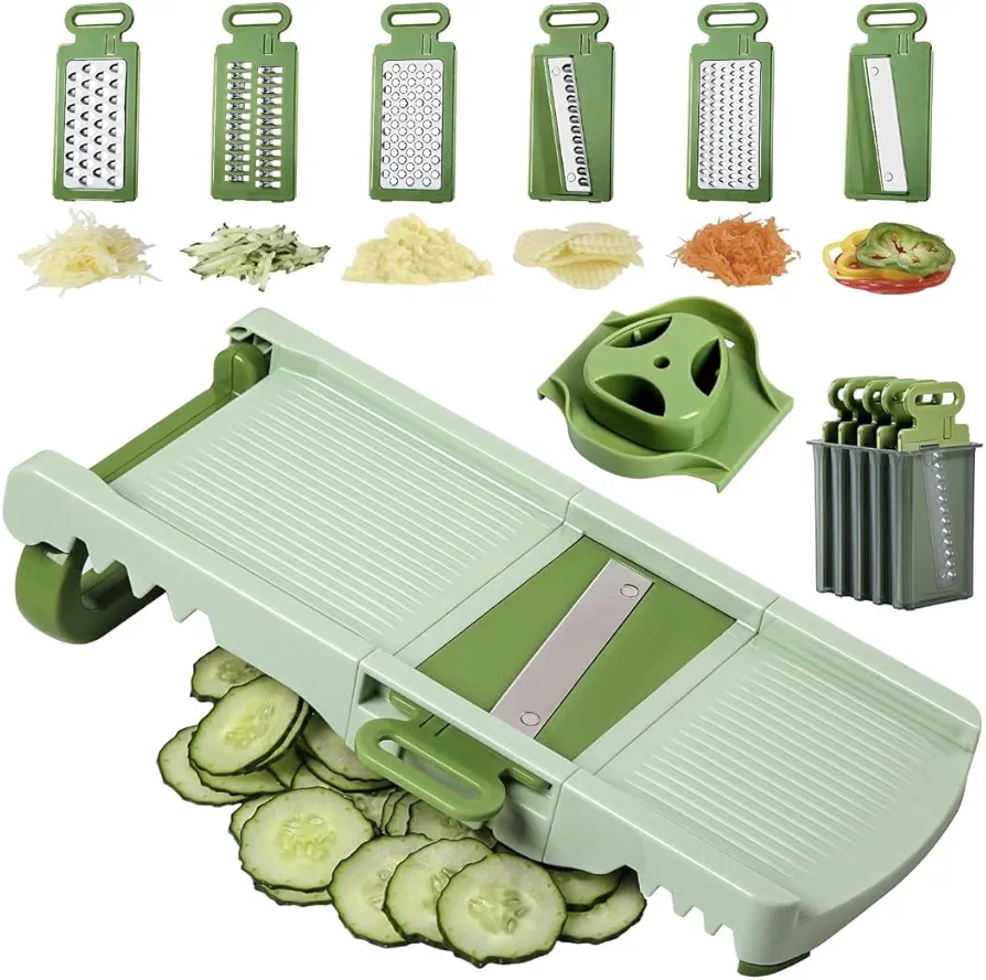 Collapsible Mandoline Slicer for Kitchen, 6 in 1 Food Slicer with Hand Holder, Interchangeable Cheese Grater with 6 Blades, Professional Vegetable Slicer for Salad