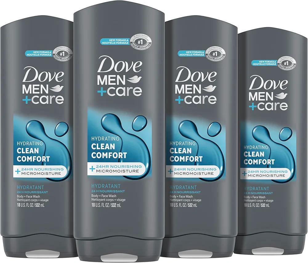 DOVE MEN + CARE Body and Face Wash Clean Comfort 4 Count for Healthier and Stronger Skin Effectively Washes Away Bacteria While Nourishing Your Skin, 18 oz