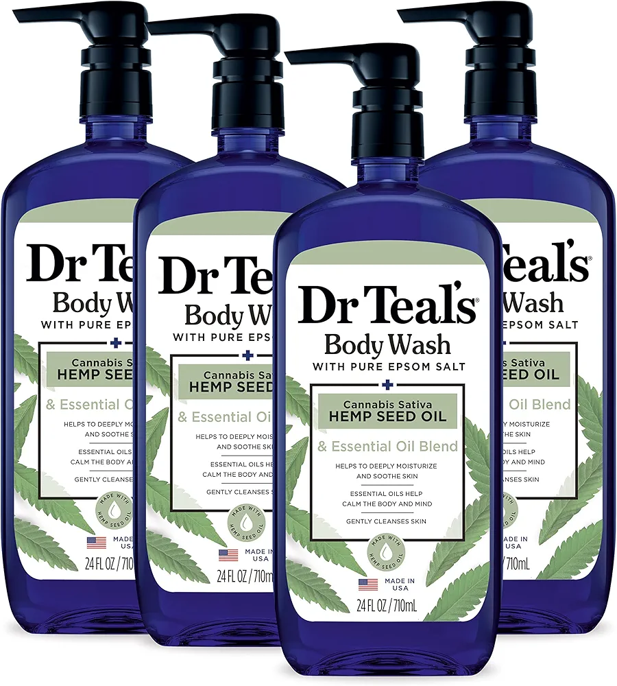 Dr Teal's Body Wash with Pure Epsom Salt, Cannabis Sativa Hemp Seed Oil, 24 fl oz (Pack of 4) (Packaging May Vary)