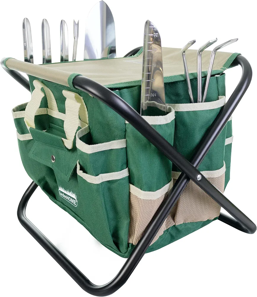 GardenHOME Kit Complet d'Outils de Jardinage - 7 Pièces, Acier Inoxydable Robuste, Tabouret Pliant Solide, Sac à Outils Détachable