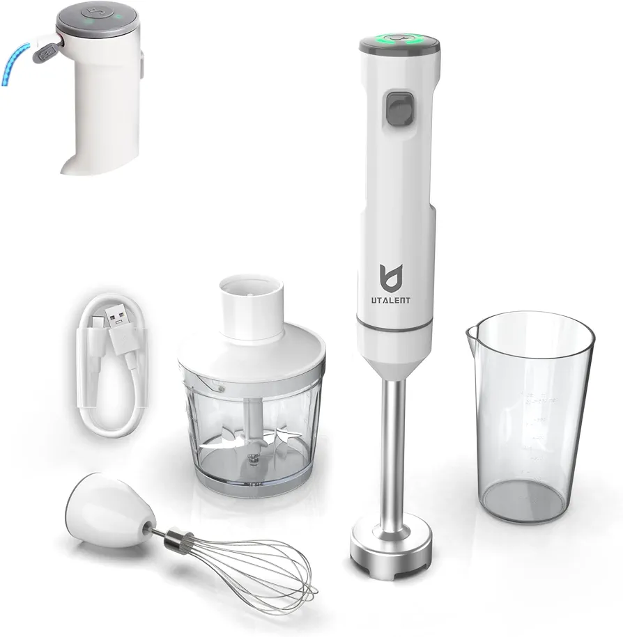 Cordless Hand Blender, UTALENT Variable Speed Immersion Blender Rechargeable, with 500ml Chopper, 600ml container, Egg Whisk, for Smoothies, Baby Food and Soups – White