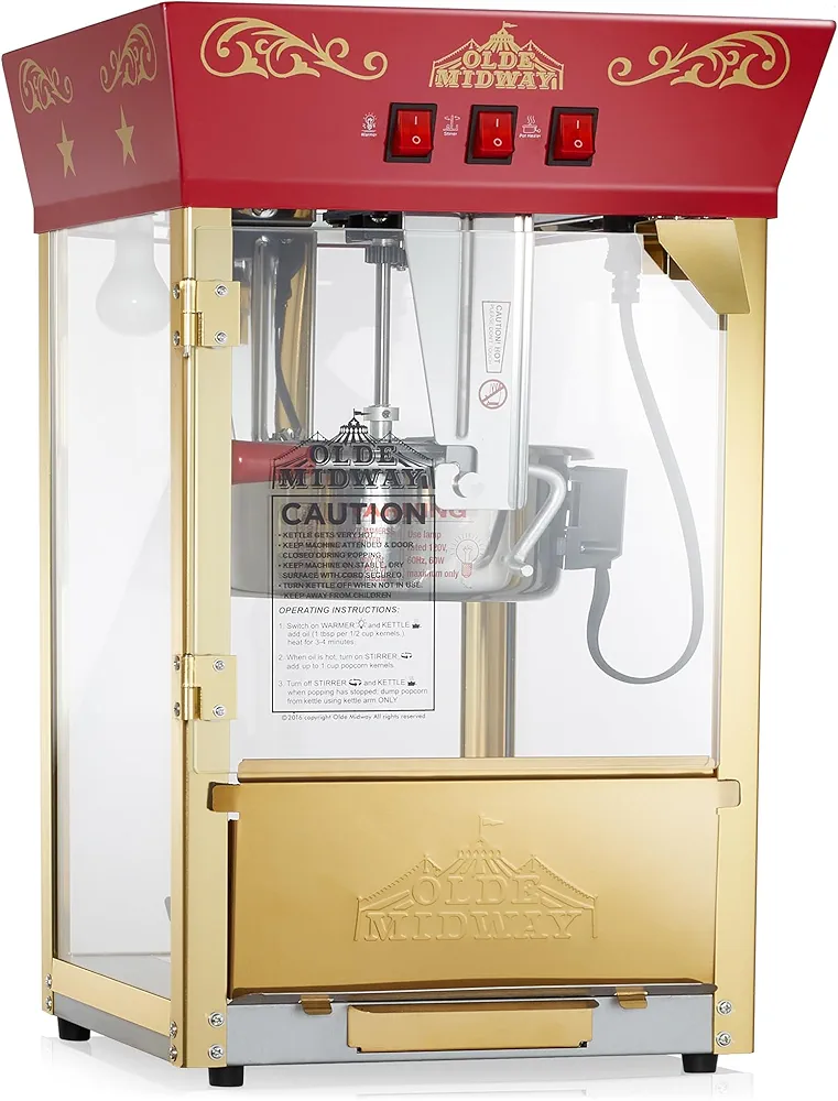 Olde Midway Movie Theater-Style Popcorn Machine Maker with 10-Ounce Kettle - Red, Vintage-Style Countertop Popper