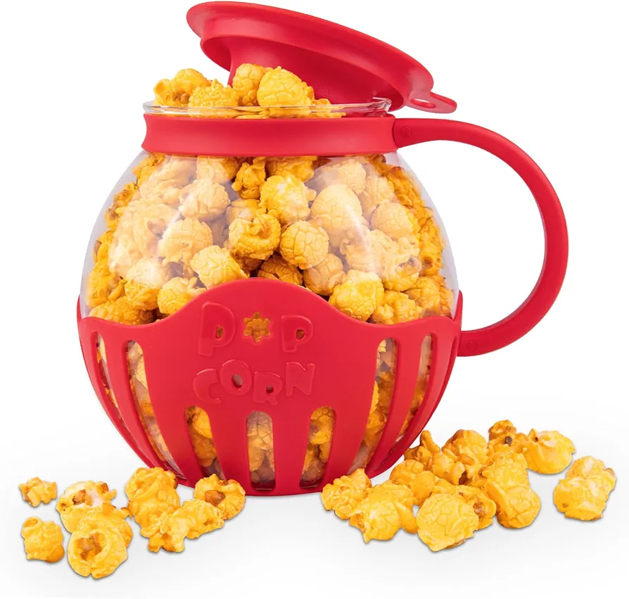 Glass Microwave Popcorn Popper with 3-in-1 Multifunctional High Temperature Resistant Glass Popcorn Jar Silicone Lid for Family Party Red 1 pack