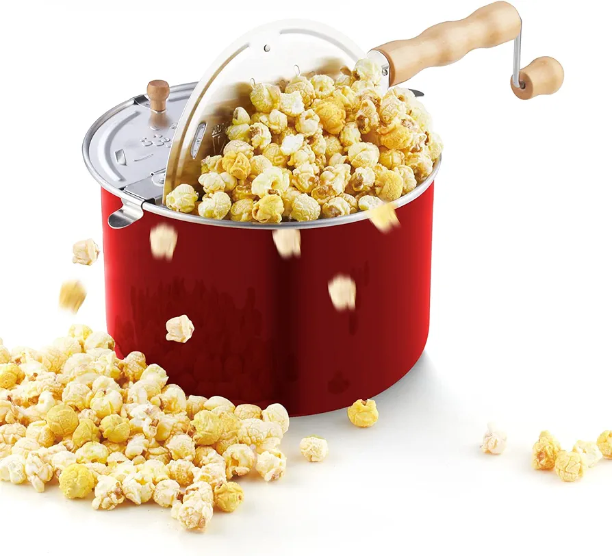 Cook N Home Stovetop Popcorn Popper with Crank, 6-Quart Aluminum Popcorn Pot, Red