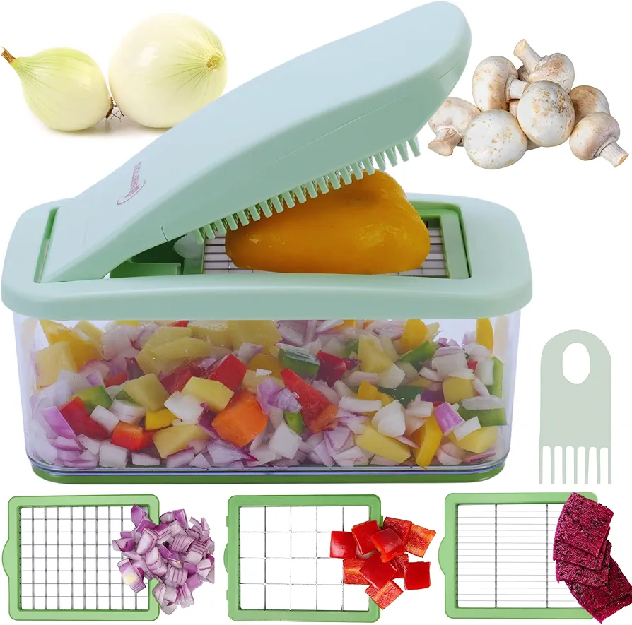 Brieftons QuickPush Food Chopper: Vegetable Chopper Dicer Slicer, Onion Chopper Vegetable Cutter, 3 Extra-Large Blades with 200% More Cutting Area to Chop Dice Slice Vegetables, 2.6-Quart Container